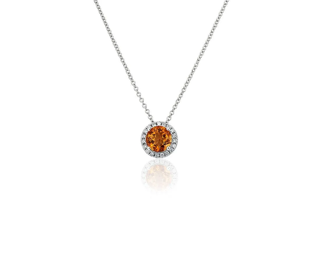 14K W Gold 0.05ctw Diamond 0.35ctw Round Citrine Halo Pendant