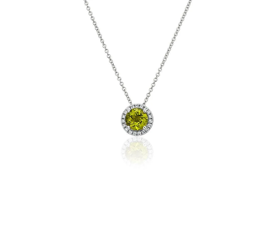 14K W Gold 0.05ctw Diamond 0.35ctw Round Peridot Halo Pendant