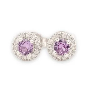 14K W Gold 0.10cttw Diamond 0.30cttw Pink Synthetic Alexandrite Halo Earrings