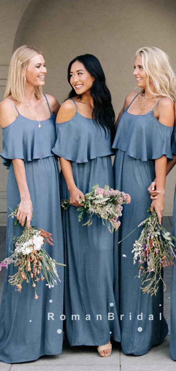 A-Line Straps Off The Shoulder Chiffon Long Bridesmaid Dresses With Ruffles,RBWG0022