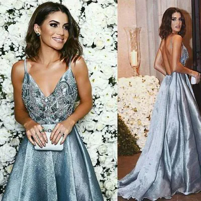 A-line Straps Prom Dresses,Blue Long V neck Prom Dress,Backless Formal Evening Dress,M66
