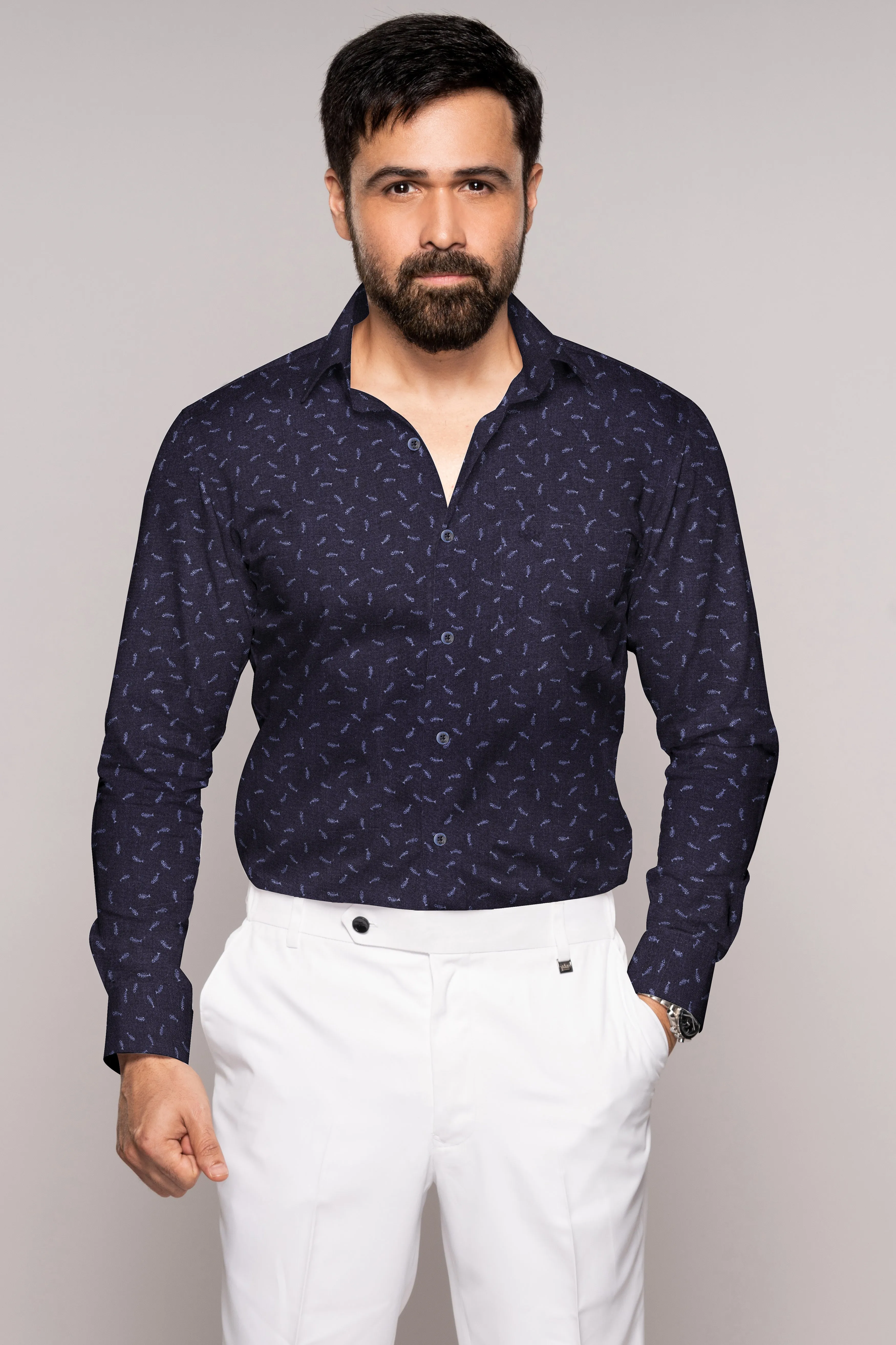 Bastille Navy Blue Fish Printed Chambray Textured Premium Cotton Shirt
