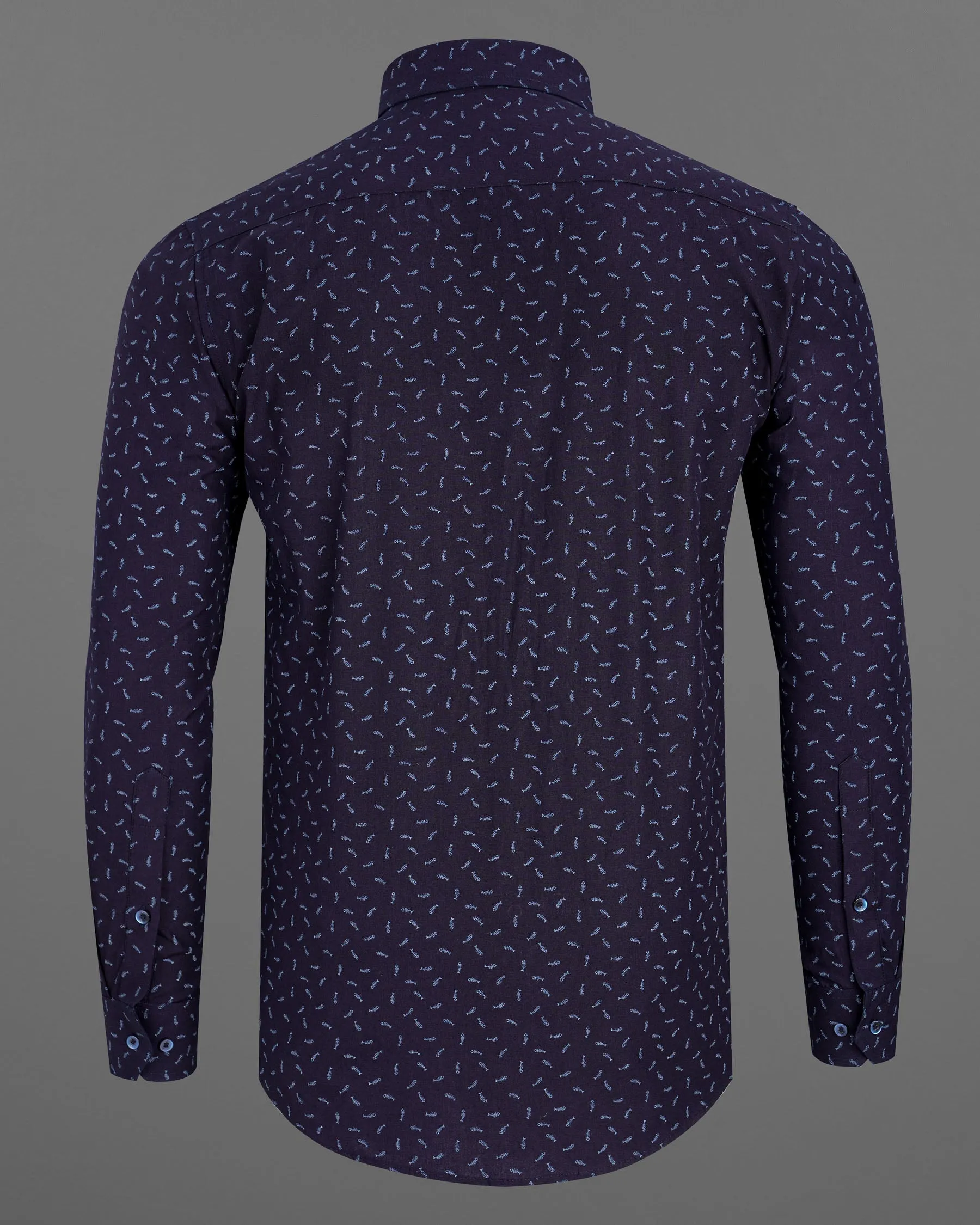 Bastille Navy Blue Fish Printed Chambray Textured Premium Cotton Shirt