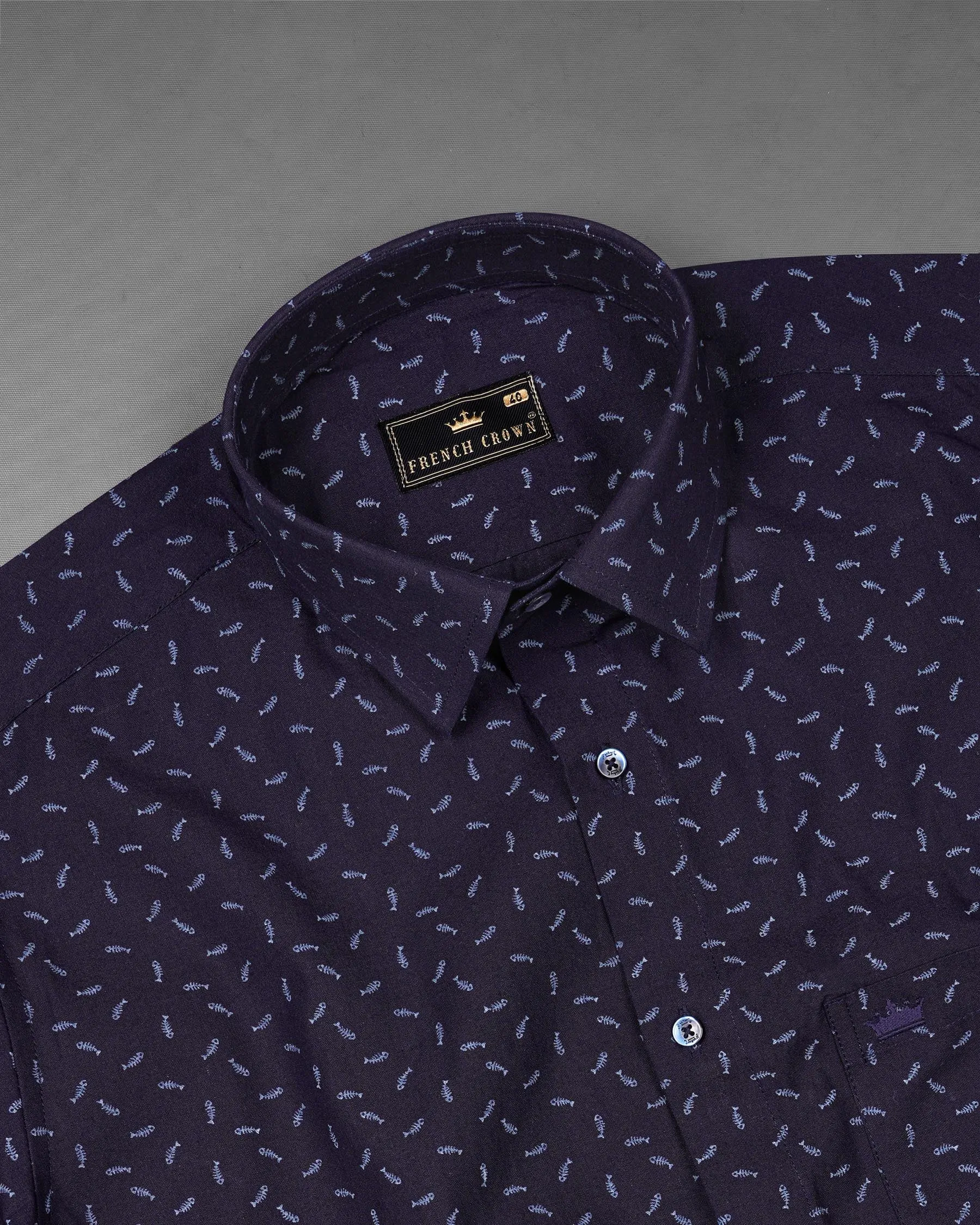 Bastille Navy Blue Fish Printed Chambray Textured Premium Cotton Shirt