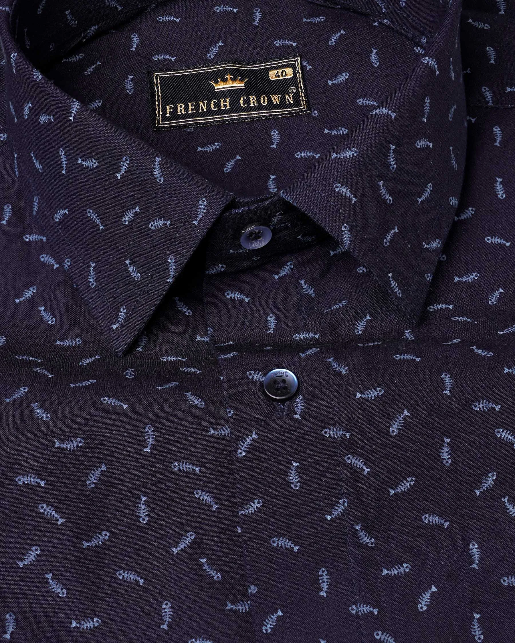 Bastille Navy Blue Fish Printed Chambray Textured Premium Cotton Shirt