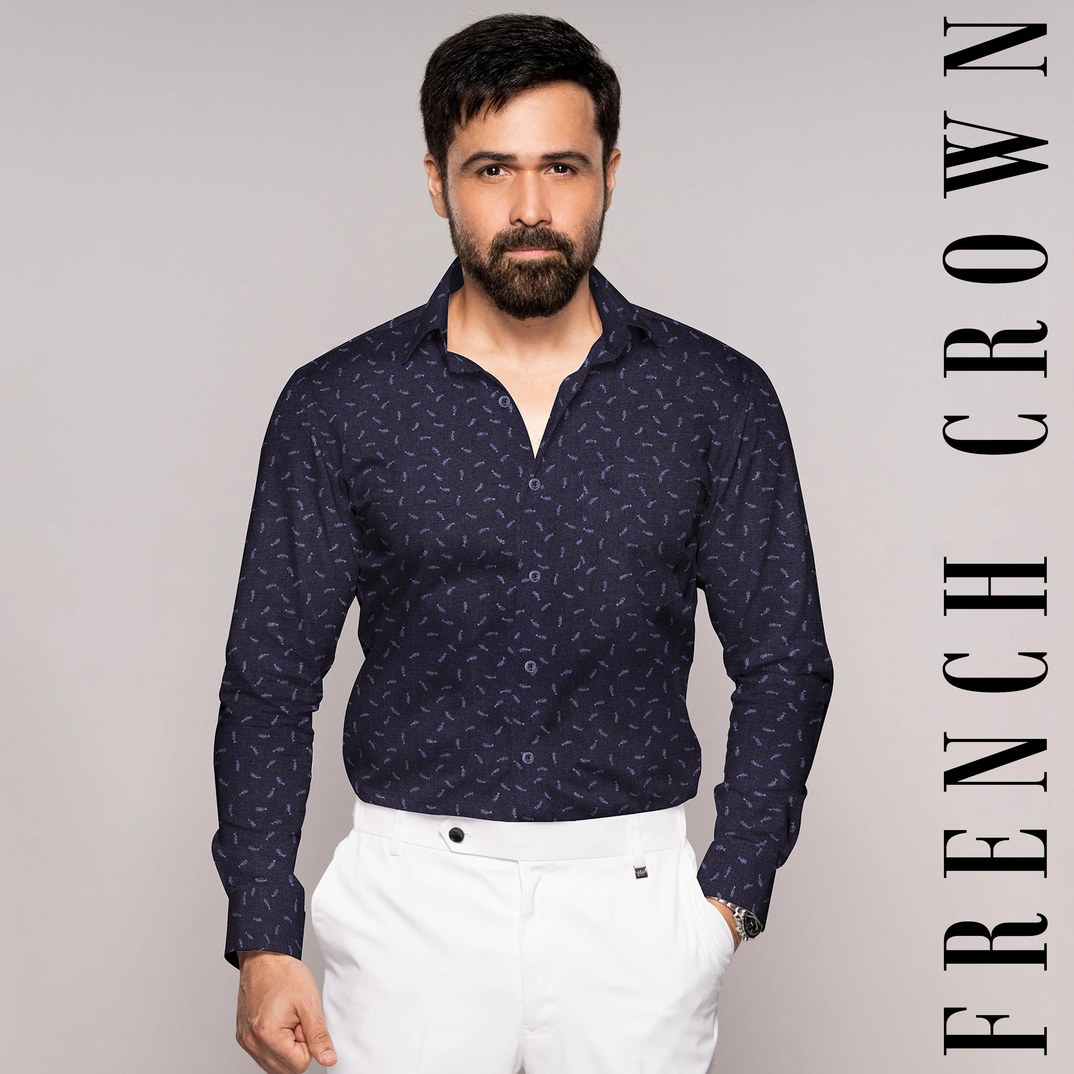 Bastille Navy Blue Fish Printed Chambray Textured Premium Cotton Shirt