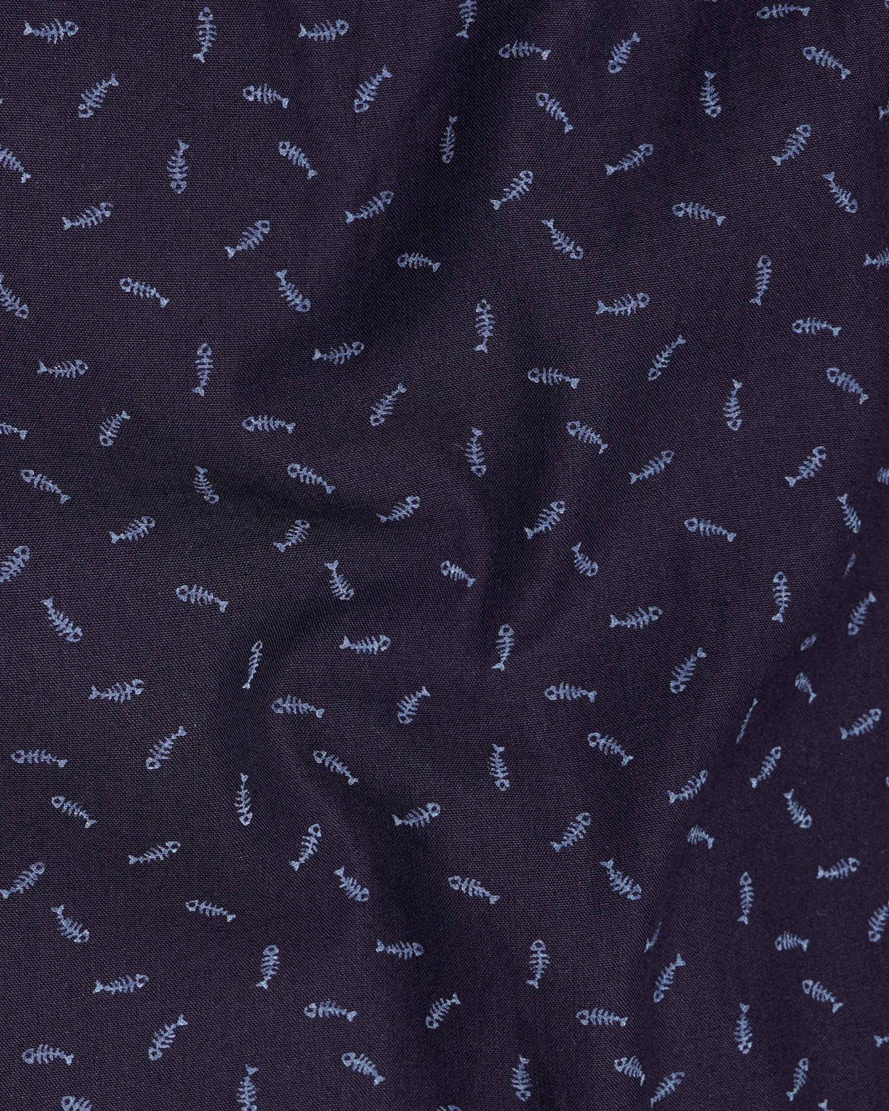 Bastille Navy Blue Fish Printed Chambray Textured Premium Cotton Shirt