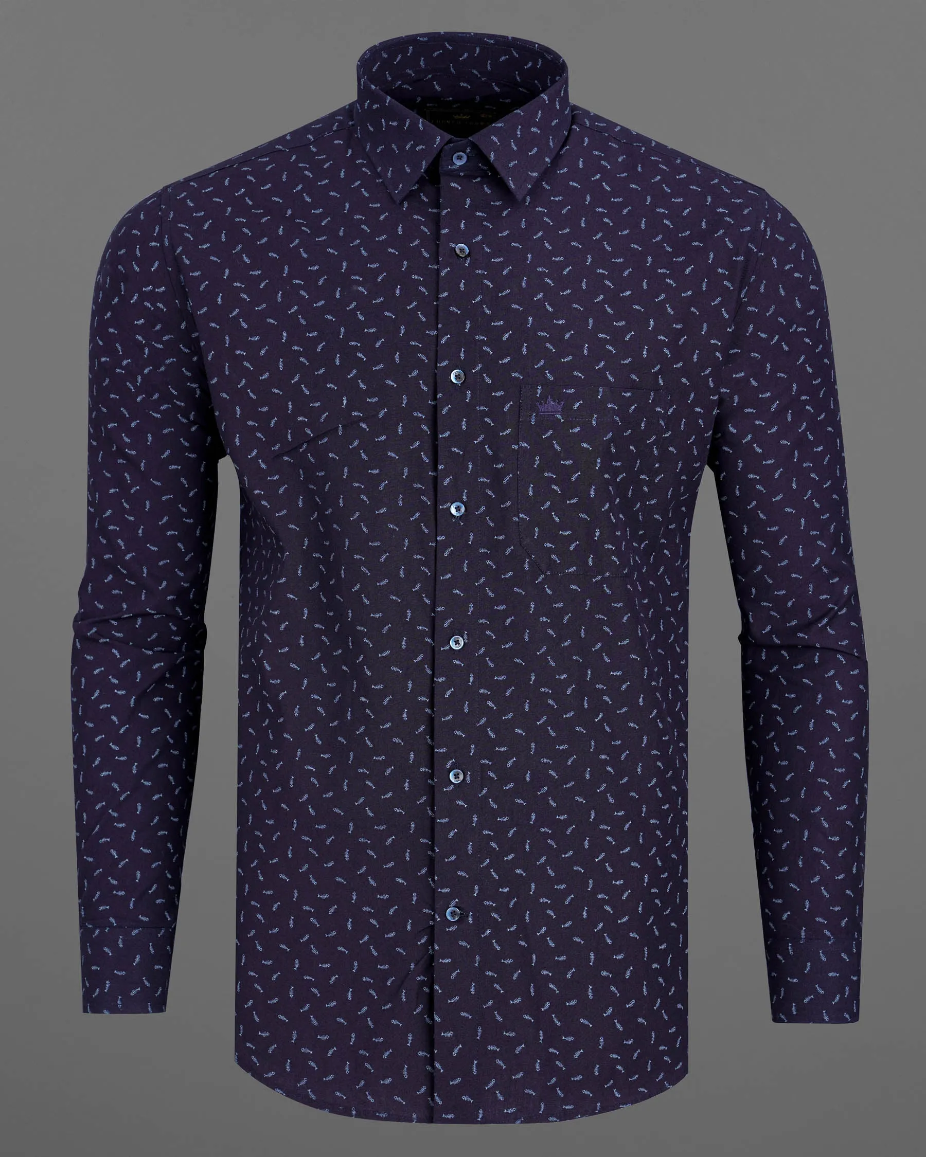 Bastille Navy Blue Fish Printed Chambray Textured Premium Cotton Shirt