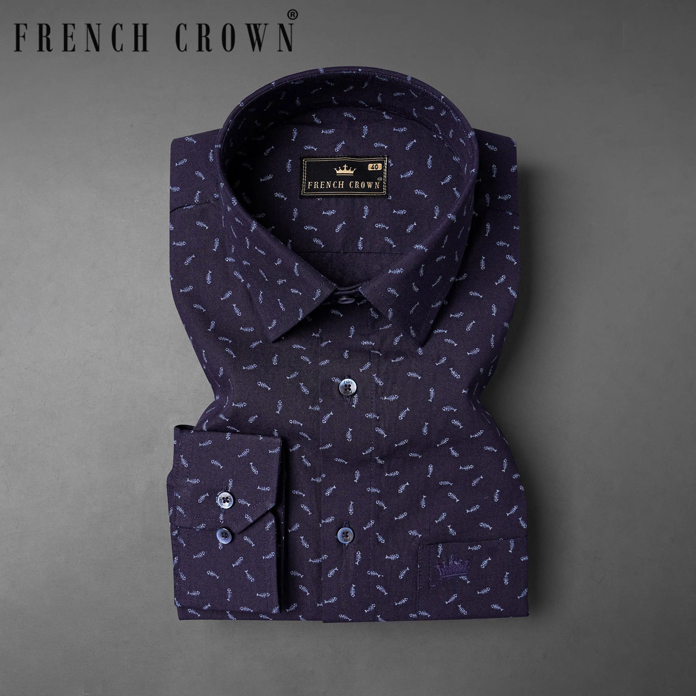 Bastille Navy Blue Fish Printed Chambray Textured Premium Cotton Shirt