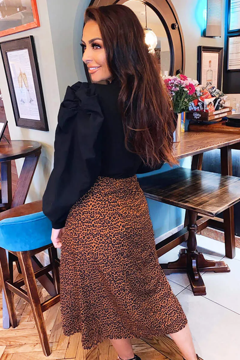 Leopard Print 2-in-1 Dress with Puff Sleeves - Black