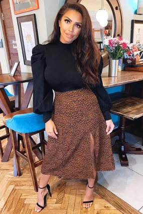 Leopard Print 2-in-1 Dress with Puff Sleeves - Black