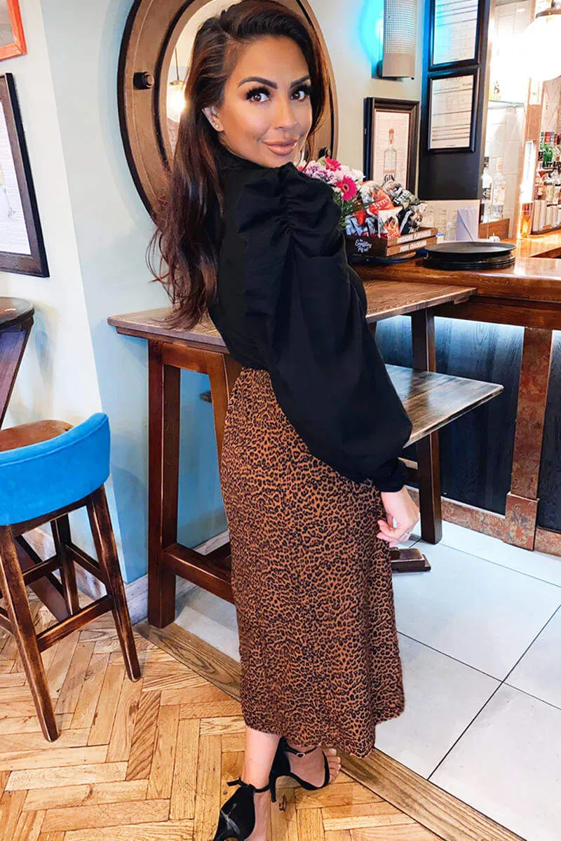 Leopard Print 2-in-1 Dress with Puff Sleeves - Black