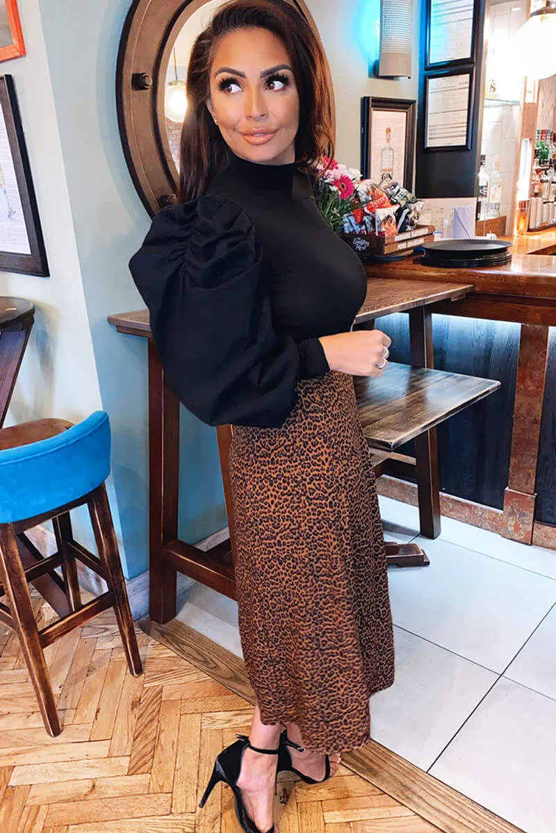 Leopard Print 2-in-1 Dress with Puff Sleeves - Black