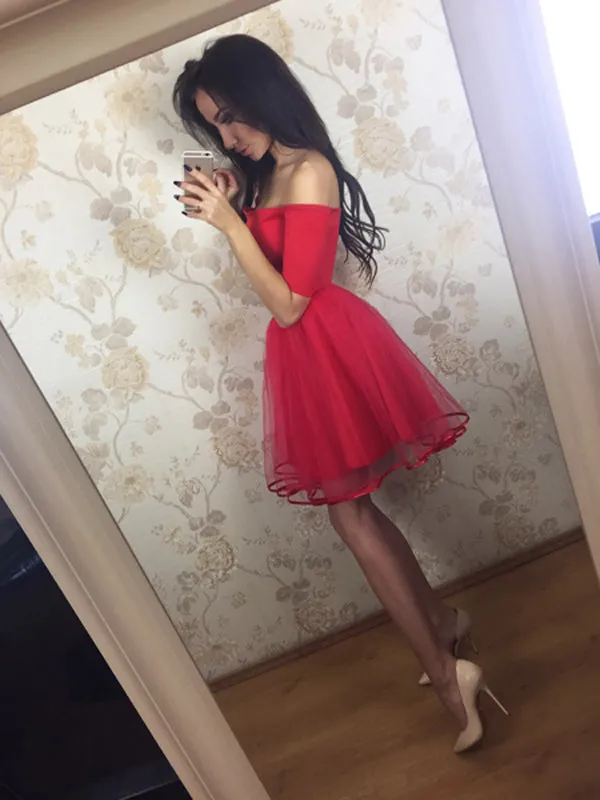 Black Off Shoulder Short Sleeve Homecoming Dress,Tulle Short Prom Dress, SH238