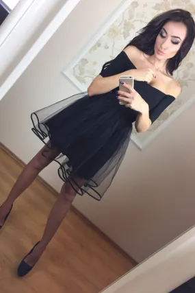 Black Off Shoulder Short Sleeve Homecoming Dress,Tulle Short Prom Dress, SH238