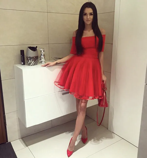 Black Off Shoulder Short Sleeve Homecoming Dress,Tulle Short Prom Dress, SH238