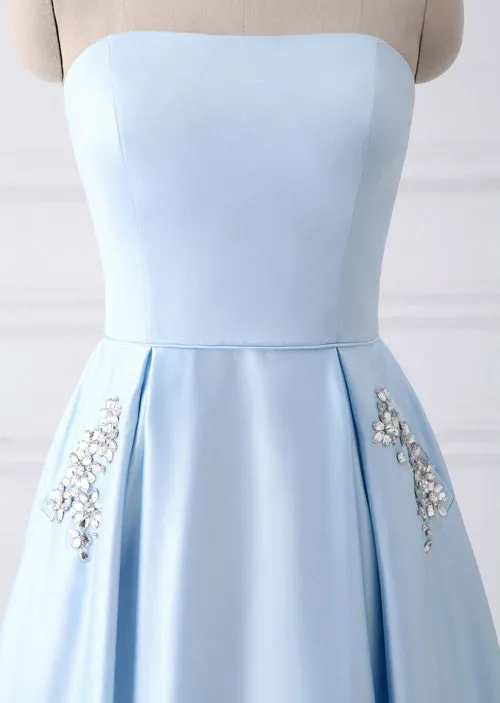 Blue Cheap A-line Strapless Simple Long Prom Dresses with Pocket, M162