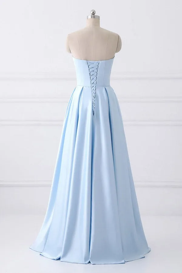 Blue Cheap A-line Strapless Simple Long Prom Dresses with Pocket, M162
