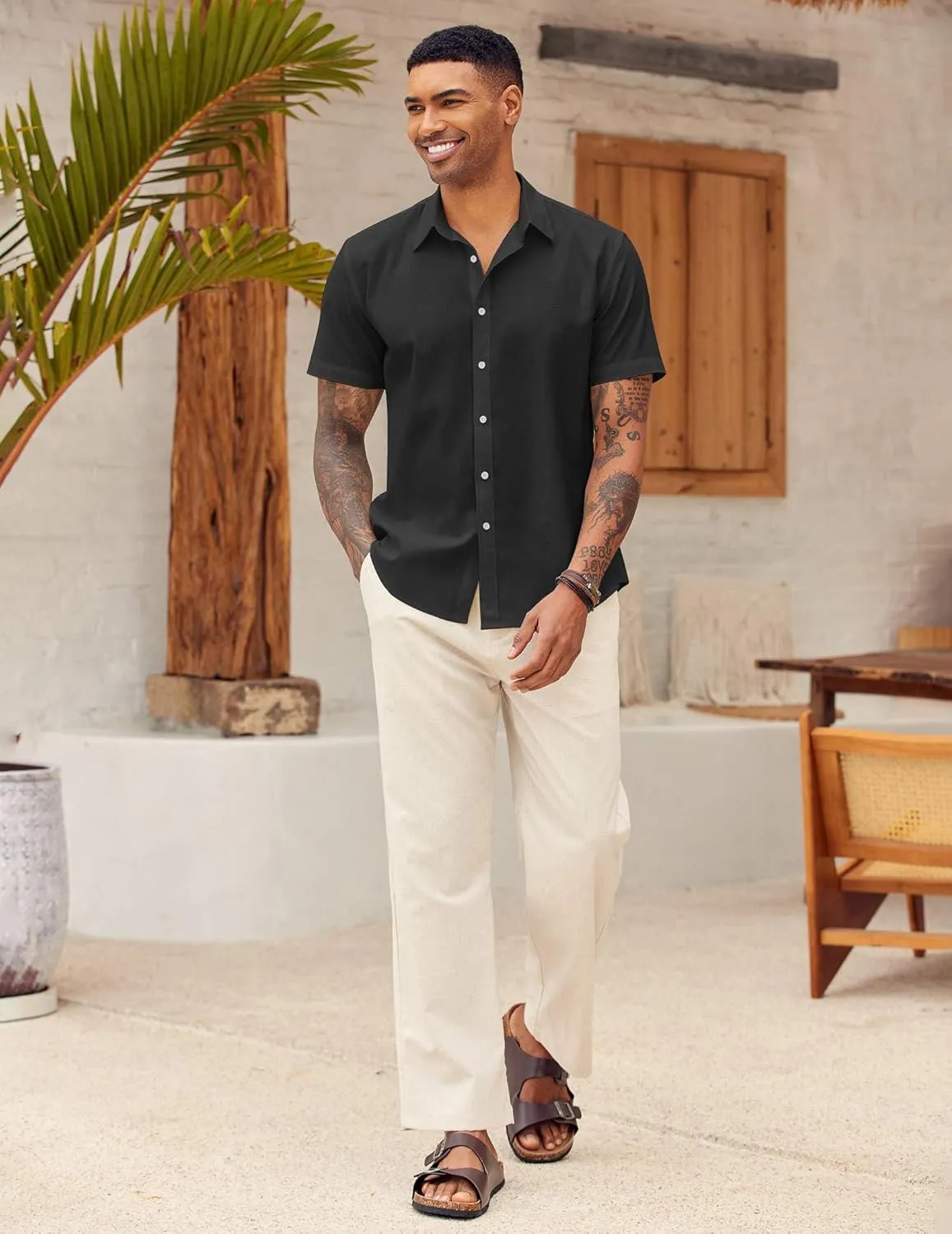 COOFANDY Men's Linen Casual Short Sleeve Shirt Button Down Summer Beach Wedding Shirts