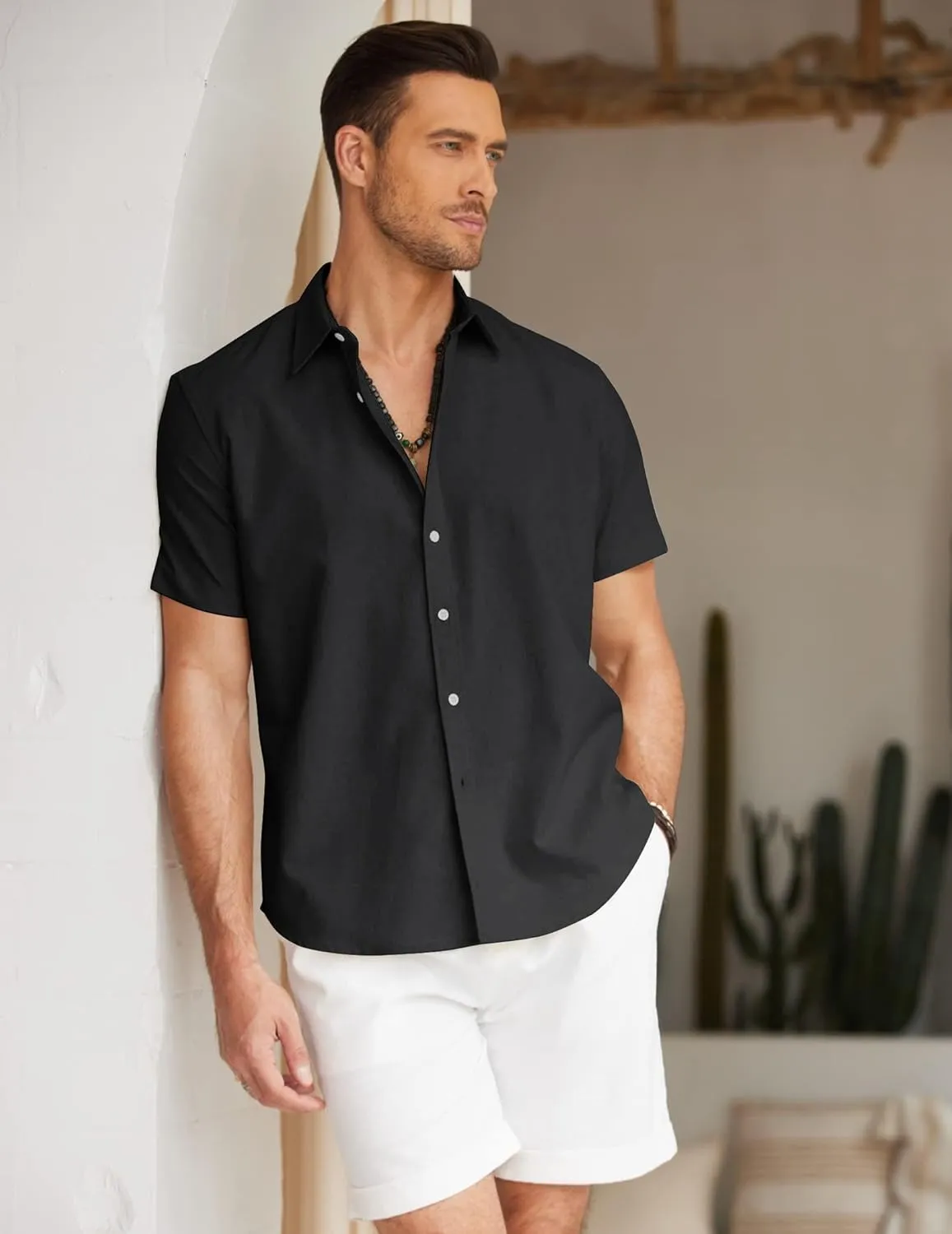 COOFANDY Men's Linen Casual Short Sleeve Shirt Button Down Summer Beach Wedding Shirts