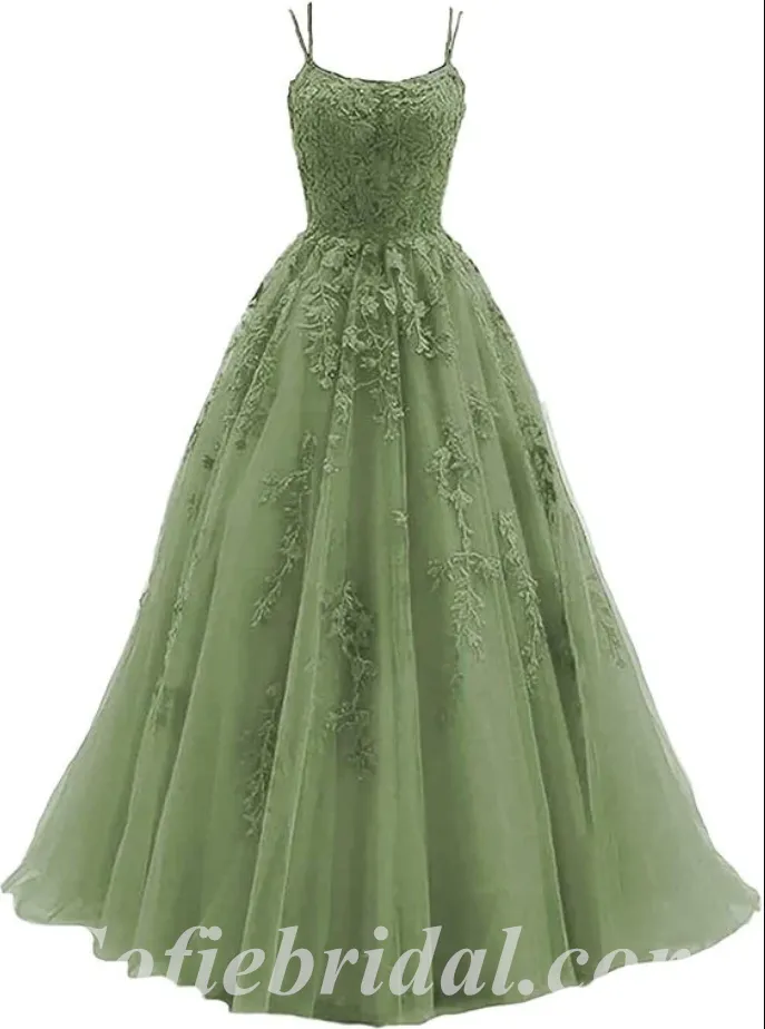 Elegant Tulle And Lace Spaghetti Straps Sleeveless A-Line Long Prom Dresses/Ball Gown With Applique,SFPD0521