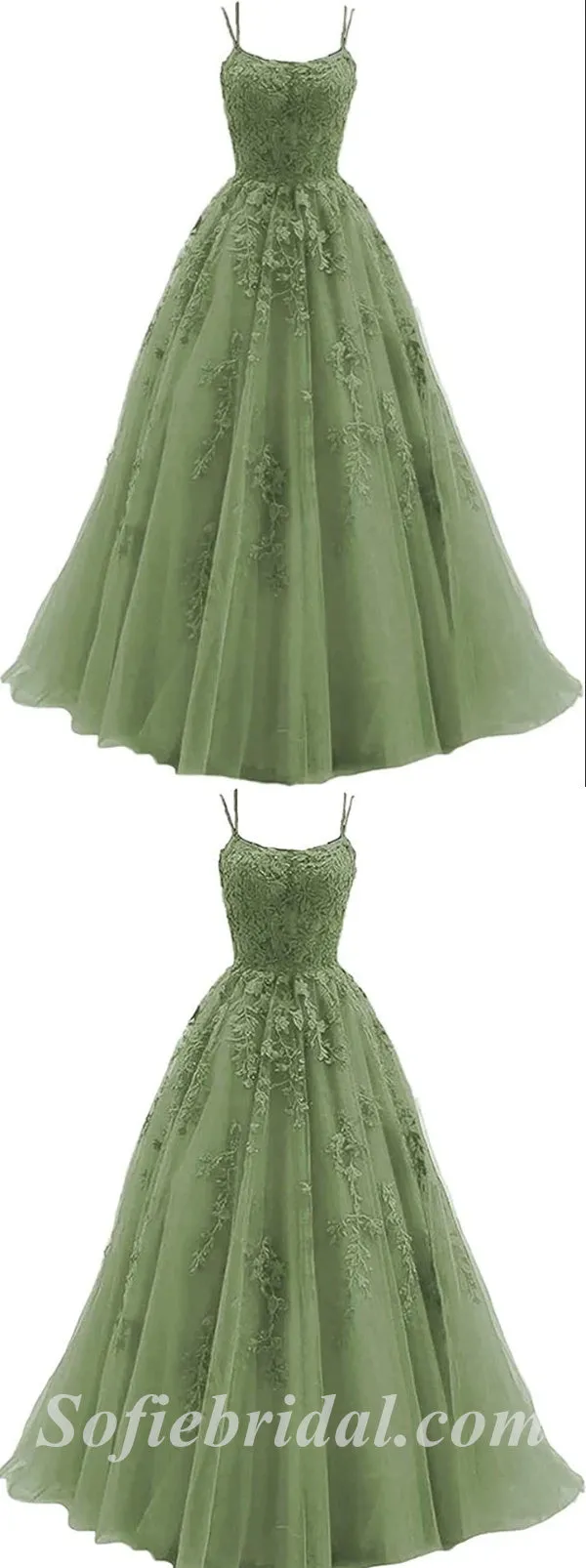 Elegant Tulle And Lace Spaghetti Straps Sleeveless A-Line Long Prom Dresses/Ball Gown With Applique,SFPD0521