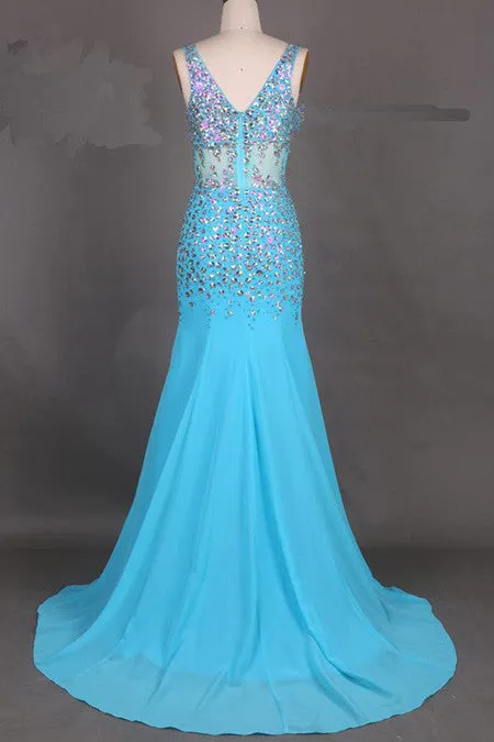 Fabulous V-Neck Mermaid Prom Dress, Court Train Chiffon Prom Dress With Beading, S3