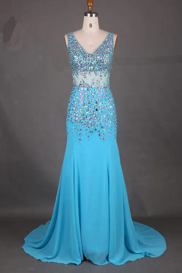 Fabulous V-Neck Mermaid Prom Dress, Court Train Chiffon Prom Dress With Beading, S3