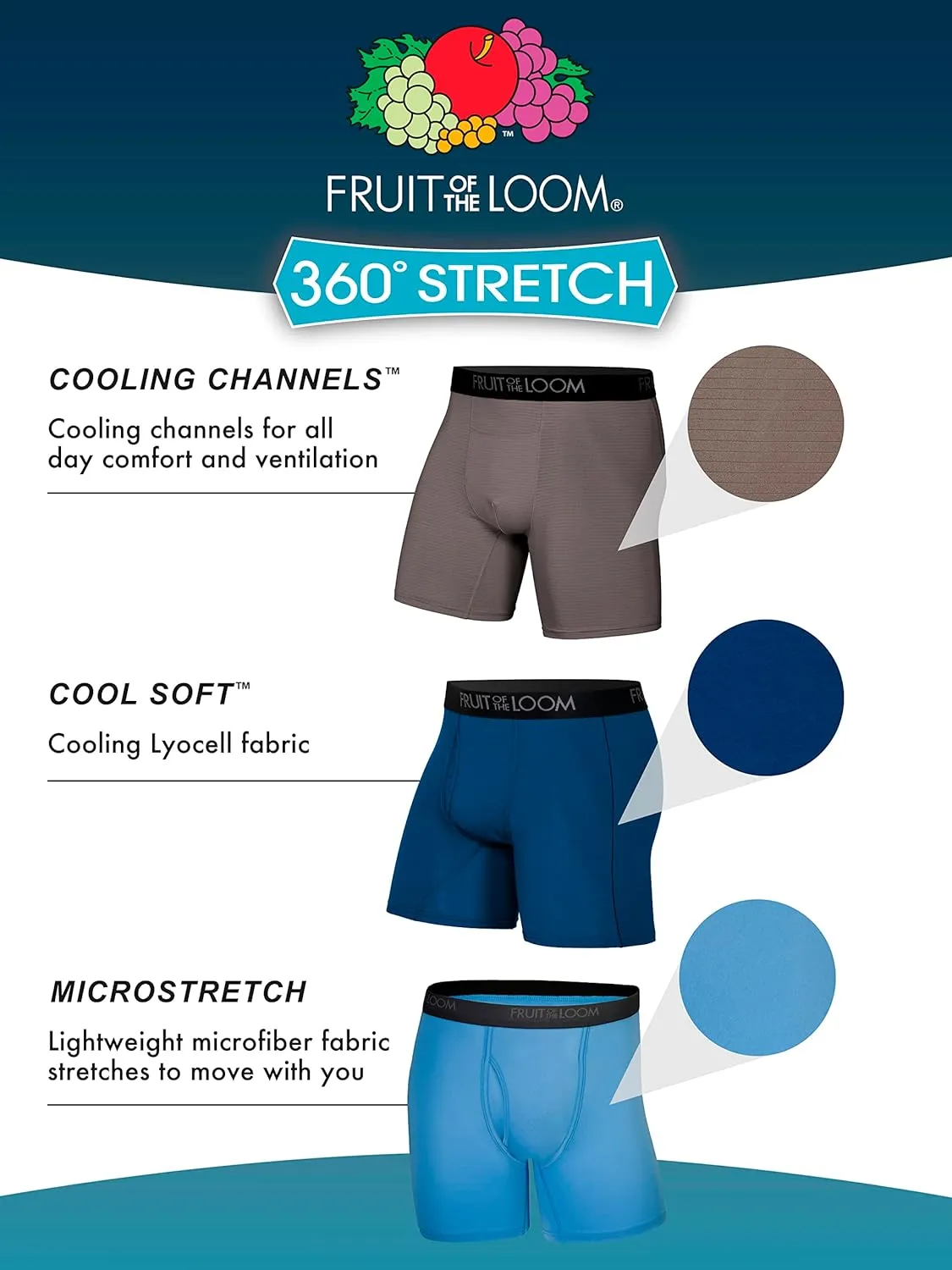 Fruit of the Loom Men's 4-Way Stretch Boxer Briefs | Lightweight & Moisture Wicking Underwear | Long, Regular Leg & Trunk