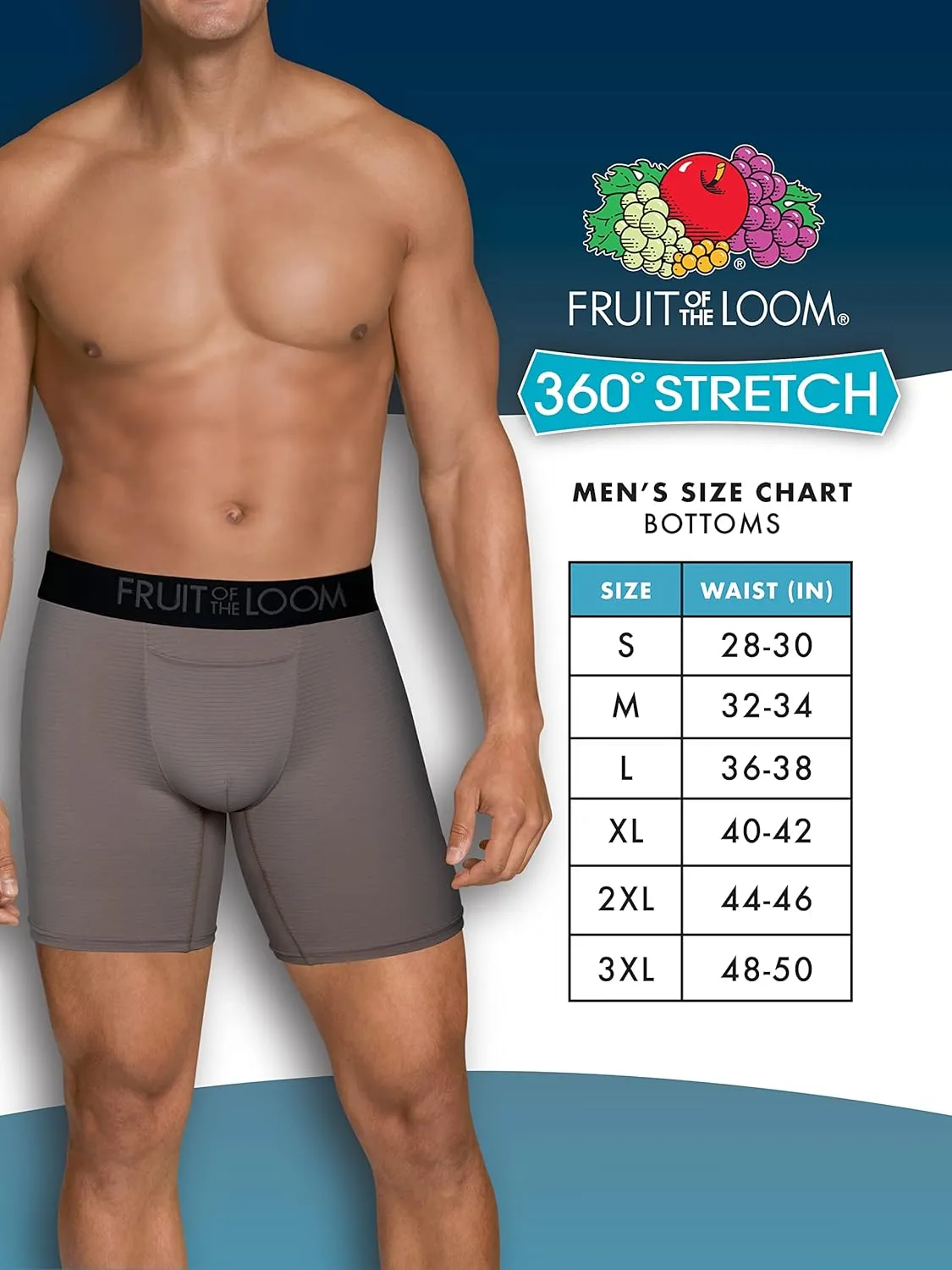 Fruit of the Loom Men's 4-Way Stretch Boxer Briefs | Lightweight & Moisture Wicking Underwear | Long, Regular Leg & Trunk