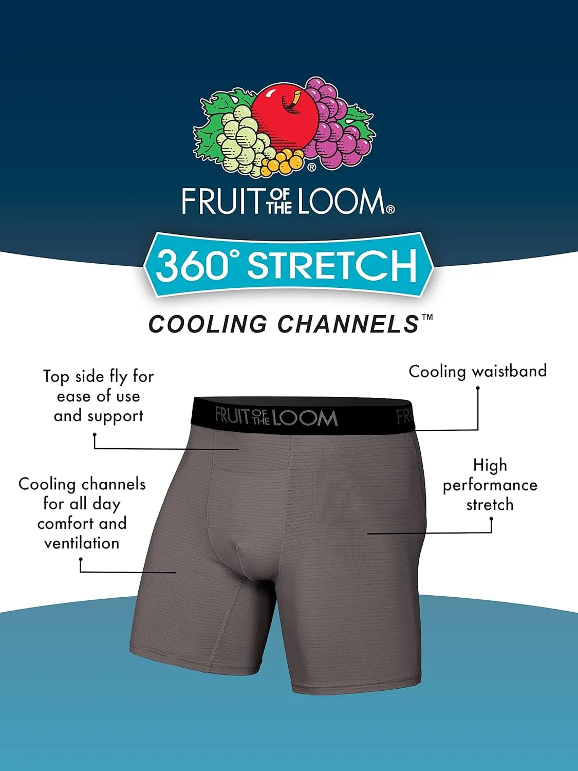 Fruit of the Loom Men's 4-Way Stretch Boxer Briefs | Lightweight & Moisture Wicking Underwear | Long, Regular Leg & Trunk