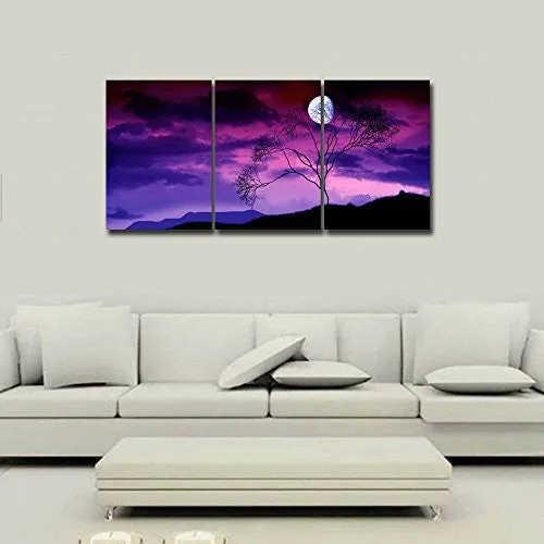 Gardenia Art - Moon on Trees At Night Canvas Wall Art Paintings Purple and Blue Abstract Landscape Artwork for Home and Office Decoration, 16X24'' Per Piece, Stretched and Framed