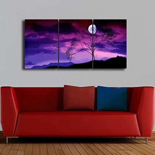 Gardenia Art - Moon on Trees At Night Canvas Wall Art Paintings Purple and Blue Abstract Landscape Artwork for Home and Office Decoration, 16X24'' Per Piece, Stretched and Framed