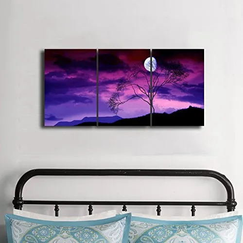 Gardenia Art - Moon on Trees At Night Canvas Wall Art Paintings Purple and Blue Abstract Landscape Artwork for Home and Office Decoration, 16X24'' Per Piece, Stretched and Framed