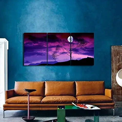Gardenia Art - Moon on Trees At Night Canvas Wall Art Paintings Purple and Blue Abstract Landscape Artwork for Home and Office Decoration, 16X24'' Per Piece, Stretched and Framed