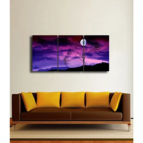 Gardenia Art - Moon on Trees At Night Canvas Wall Art Paintings Purple and Blue Abstract Landscape Artwork for Home and Office Decoration, 16X24'' Per Piece, Stretched and Framed