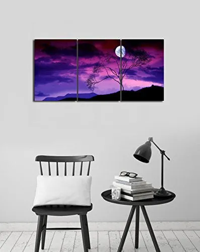 Gardenia Art - Moon on Trees At Night Canvas Wall Art Paintings Purple and Blue Abstract Landscape Artwork for Home and Office Decoration, 16X24'' Per Piece, Stretched and Framed