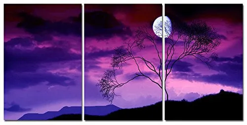 Gardenia Art - Moon on Trees At Night Canvas Wall Art Paintings Purple and Blue Abstract Landscape Artwork for Home and Office Decoration, 16X24'' Per Piece, Stretched and Framed