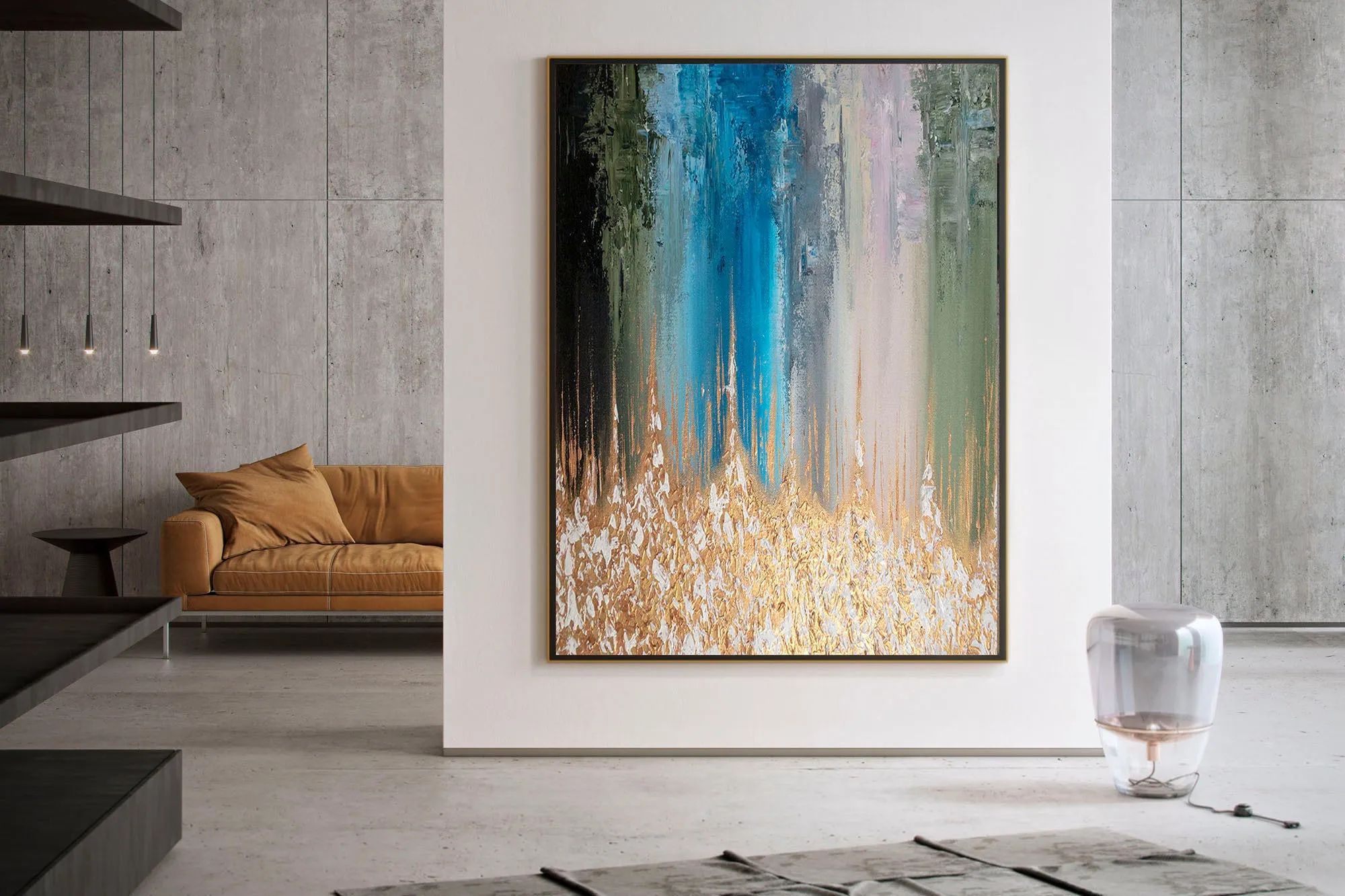 Gold White Blue Abstract Painting Home Decor Modern Fp096