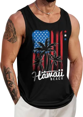 Mens Hawaiian Beach Tank Tops Summer Vacation Muscle Top Graphic Sleeveless Shirts (S-3XL)