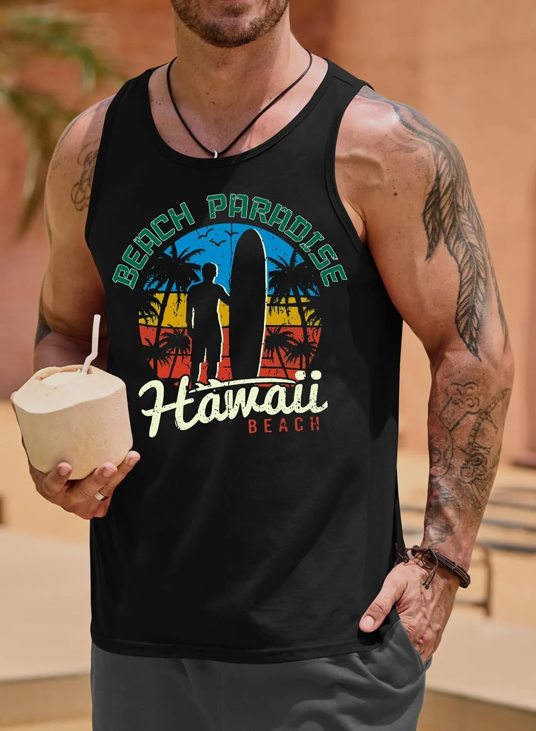 Mens Hawaiian Beach Tank Tops Summer Vacation Muscle Top Graphic Sleeveless Shirts (S-3XL)