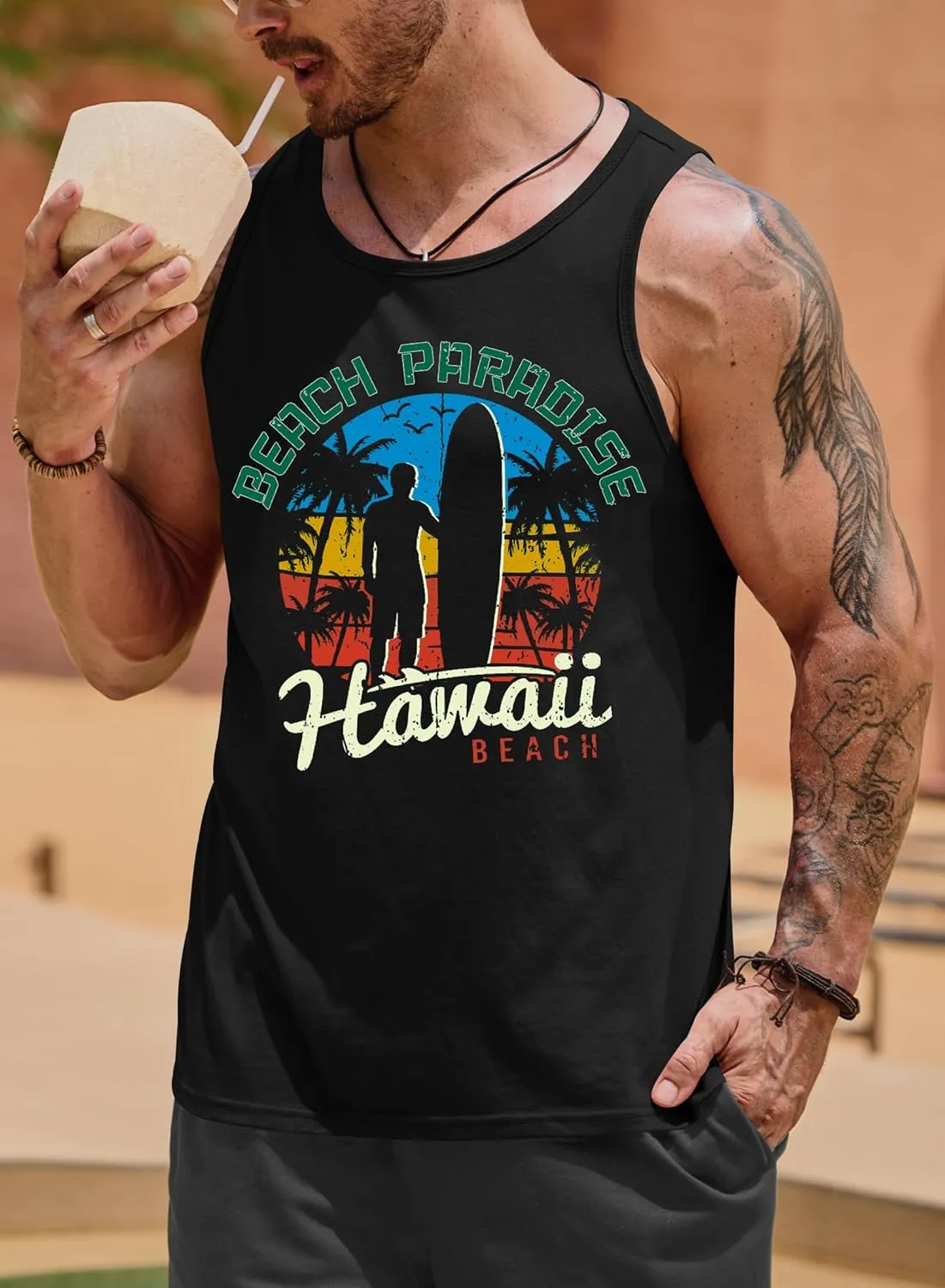 Mens Hawaiian Beach Tank Tops Summer Vacation Muscle Top Graphic Sleeveless Shirts (S-3XL)
