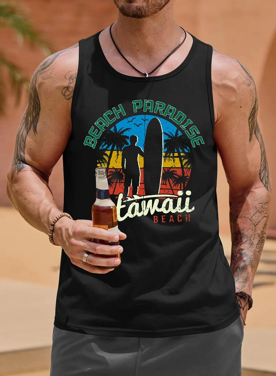 Mens Hawaiian Beach Tank Tops Summer Vacation Muscle Top Graphic Sleeveless Shirts (S-3XL)