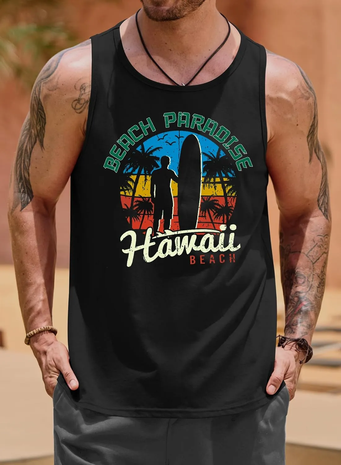 Mens Hawaiian Beach Tank Tops Summer Vacation Muscle Top Graphic Sleeveless Shirts (S-3XL)