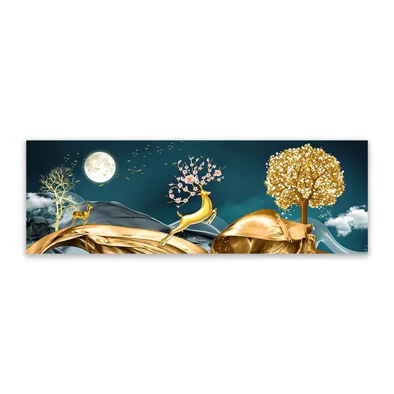 Modern Abstract Auspicious Golden Deer Geometric Landscape Wall Art Wide Format Canvas Print For Above The Sofa, Above The Bed