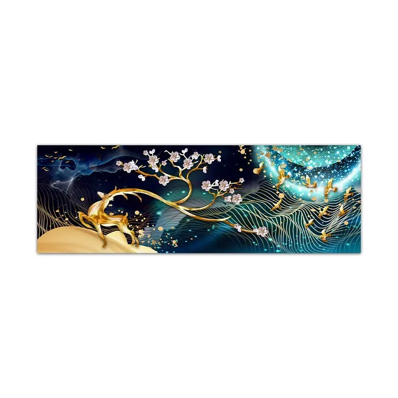 Modern Abstract Auspicious Golden Deer Geometric Landscape Wall Art Wide Format Canvas Print For Above The Sofa, Above The Bed