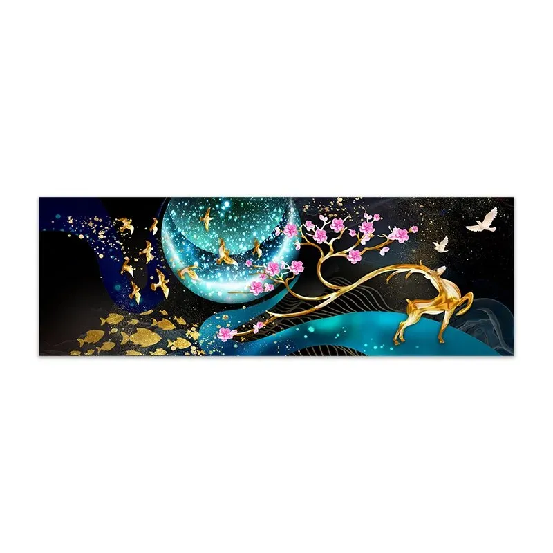 Modern Abstract Auspicious Golden Deer Geometric Landscape Wall Art Wide Format Canvas Print For Above The Sofa, Above The Bed