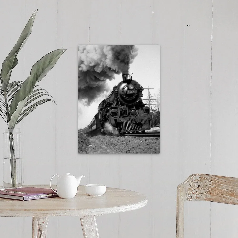 "1920's 1930's Steam Engine Pulling Passenger Train Smoke Billowing From Exhau" Canvas Wall Art