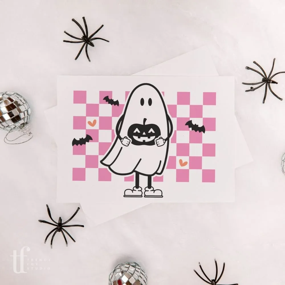 Retro Ghost Checkered Halloween Business Thank You Card Canva Template