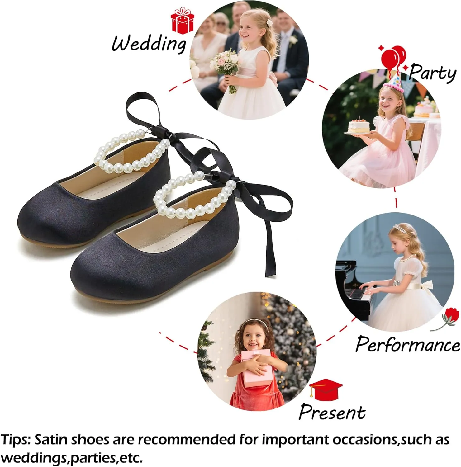 Toddler Flower Girl Dress Shoes - Little Girl Ballet Flats Pearl Strap for Wedding Party